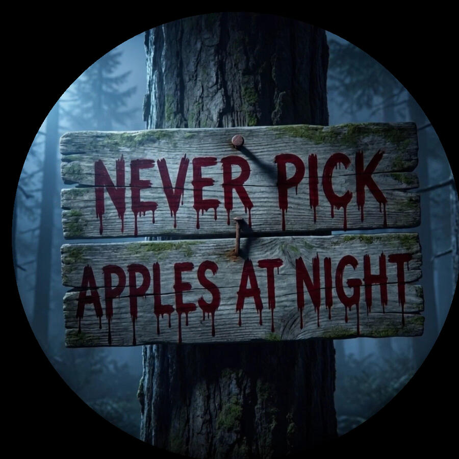 A moonlit orchard sign reading Never Pick Apples at Night.