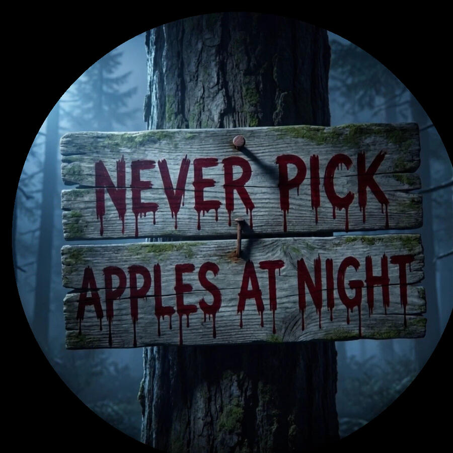 A moonlit orchard sign reading Never Pick Apples at Night.